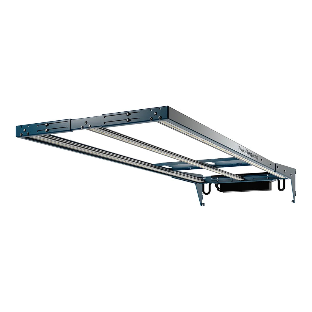 Fluence RAZRx LED grow light shown in perspective, 52 inch bar with adjustable width
