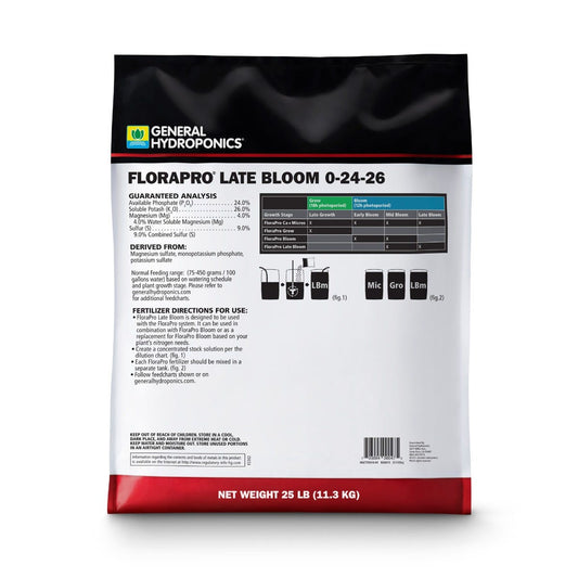 General Hydroponics FloraPro Late Bloom 25 Lb Back Label