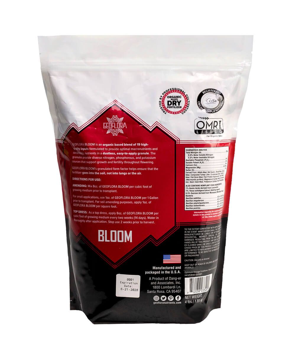 Geoflora Nutrients - BLOOM Dry Granular Fertilizer - 4lb - OMRI Certified - Back