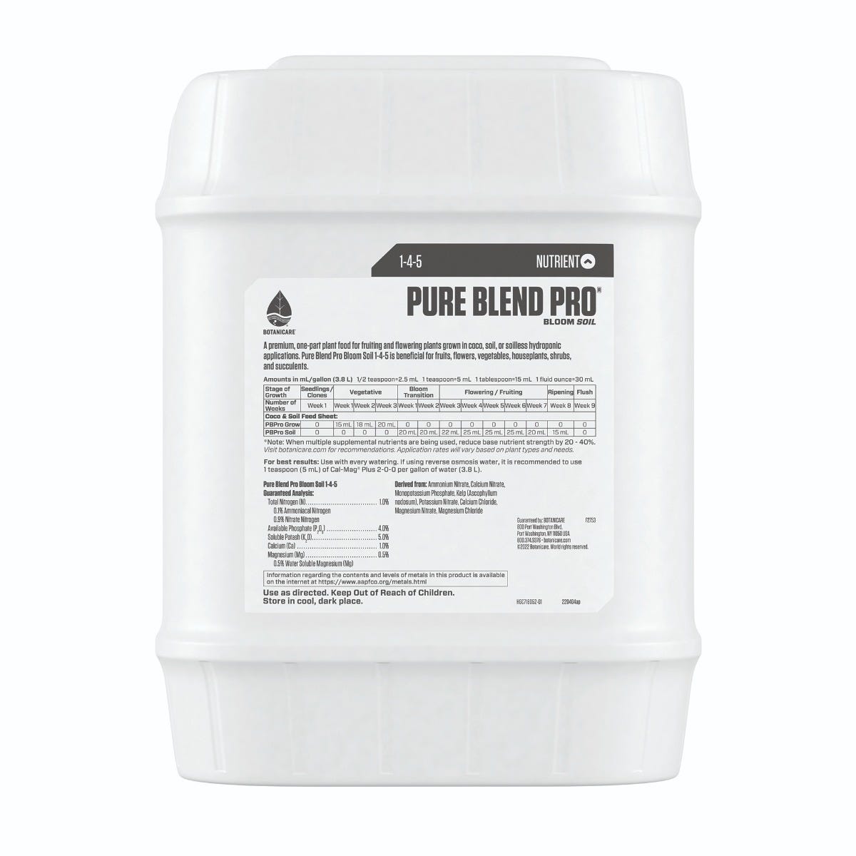 Botanicare Pure Blend Pro Soil 1.5-4-5 -- 5-Gallon Back of Bottle