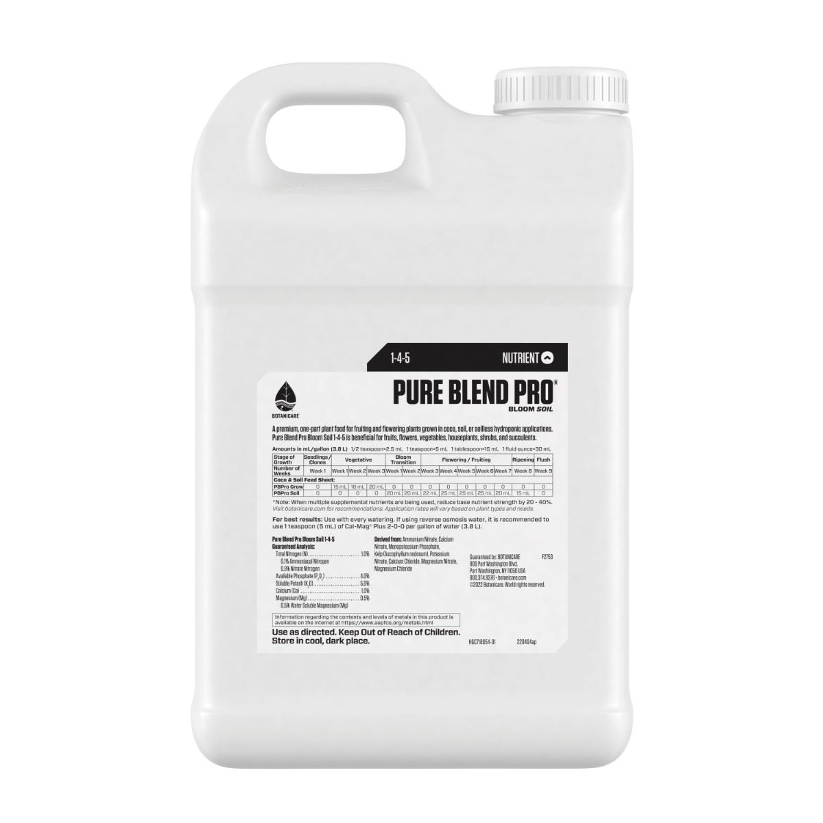 Botanicare Pure Blend Pro Soil 1.5-4-5 --2.5-Gallon Back of Bottle