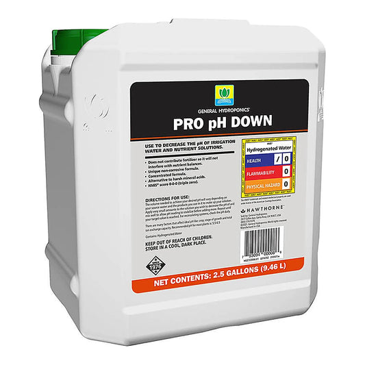 GH Pro pH Down 2.5 gallon jug, non-mineral pH adjuster with a 0-0-0 HMIS label