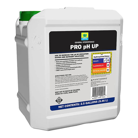 GH Pro pH Up 2.5 gallon jug, non-mineral pH adjuster with a 0-0-0 HMIS label