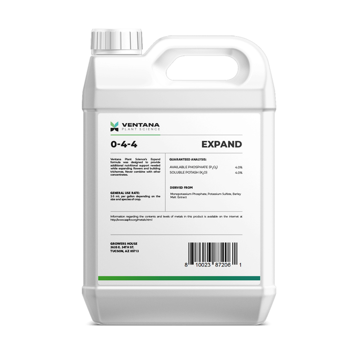 Ventana Plant Science - Expand 0-4-4 (Flower Booster) - 2.5 Gallon Back of Bottle