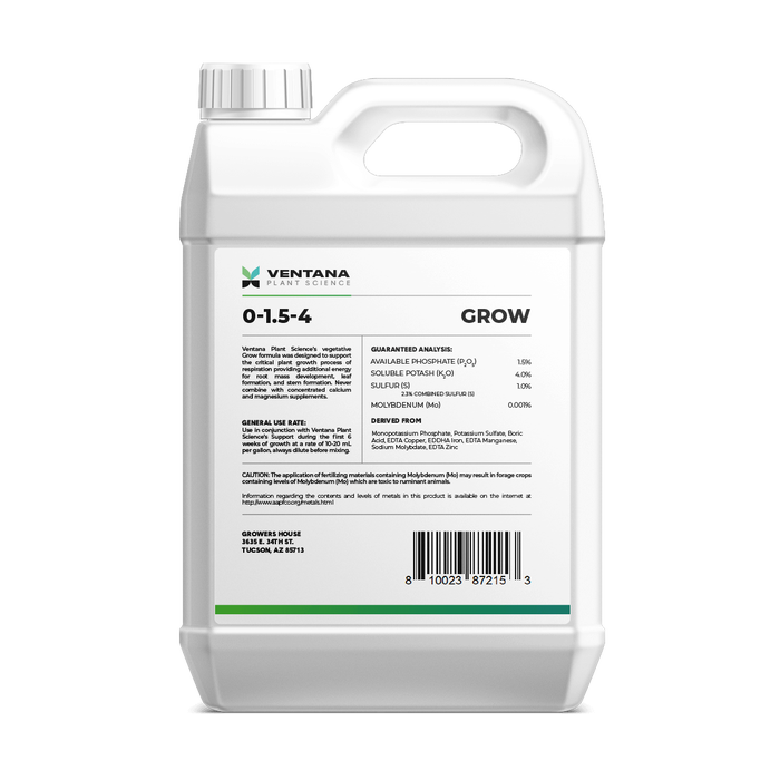 Ventana Plant Science - Grow 0-1.5-4 - 5 Gallon (2 X 2.5 Gals) Back of Bottle