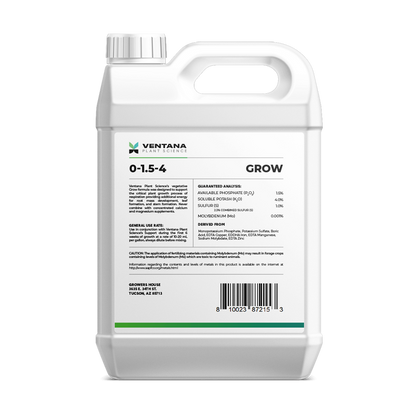 Ventana Plant Science - Grow 0-1.5-4 - 5 Gallon (2 X 2.5 Gals) Back of Bottle