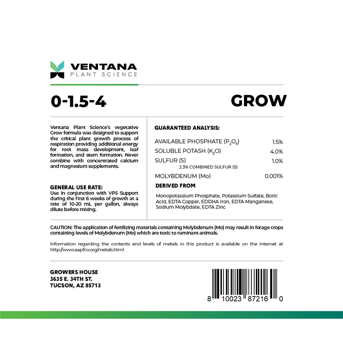 Ventana Plant Science - Grow 0-1.5-4 - 5 Gallon (2 X 2.5 Gals) Back Label