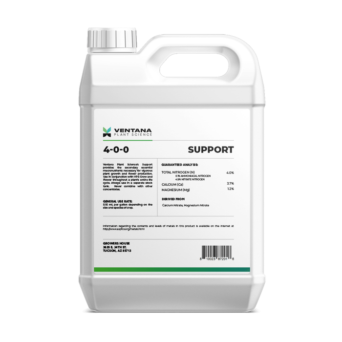 Ventana Plant Science - Support 4-0-0 (Cal-Mag + Secondary Macros) - 1-Quart Back of Bottle