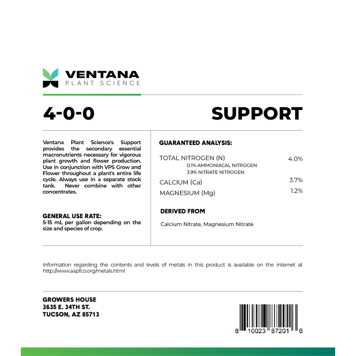 Ventana Plant Science - Support 4-0-0 (Cal-Mag + Secondary Macros) - 5-Gallon (2 X 2.5 Gals) Back of Label