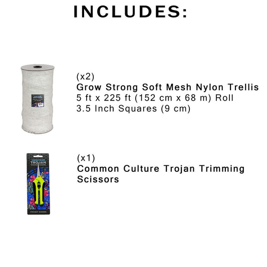 Common Culture Soft Mesh Nylon Trellis Netting Bulk Roll 5 ft x 225 ft w/ 3.5 in Squares + Trojan 2 Inch Straight Scissors Soft Mesh Nylon Trellis Netting Includes