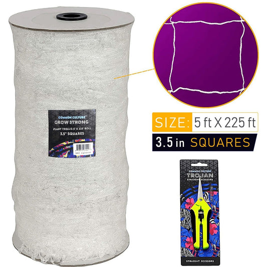 Common Culture Soft Mesh Nylon Trellis Netting Bulk Roll 5 ft x 225 ft w/ 3.5 in Squares + Trojan 2 Inch Straight Scissors Main View with Information