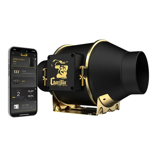 Gorilla GXi 4 wireless inline fan, 212 CFM at 28 dB-A, shown with the app on a phone