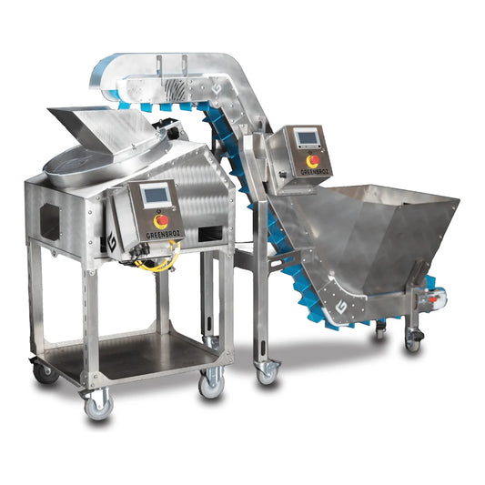 GreenBroz M+ automated dry trimming system with rise conveyor and discharge hopper