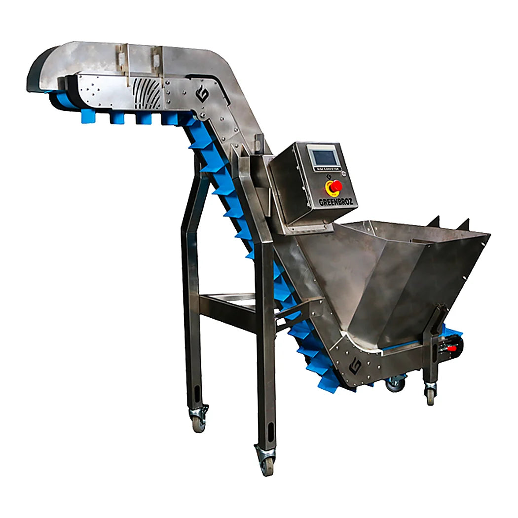 GreenBroz Rise conveyor with hopper on casters