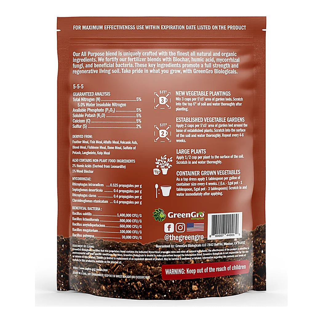 GreenGro All Purpose Fertilizer - pouch, reverse