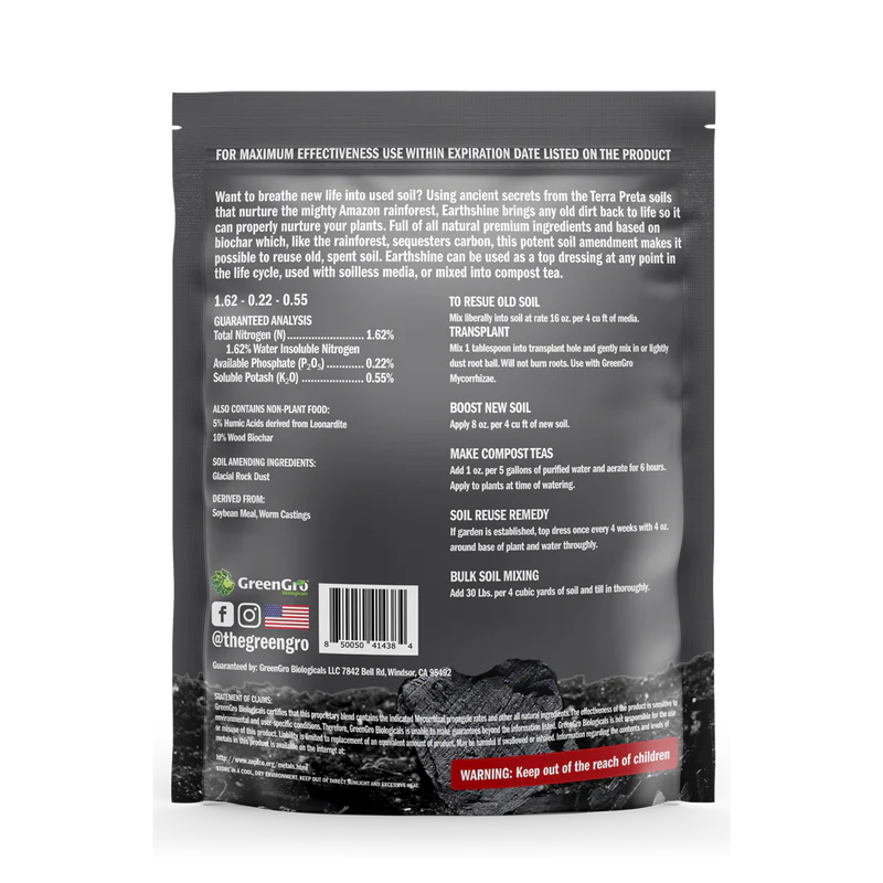 GreenGro Earthshine Biochar 2 LB (8/Case) Back Label