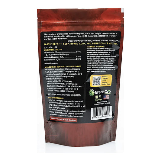 GreenGro Granular Plus Mycorrhizae back label with spore counts and directions