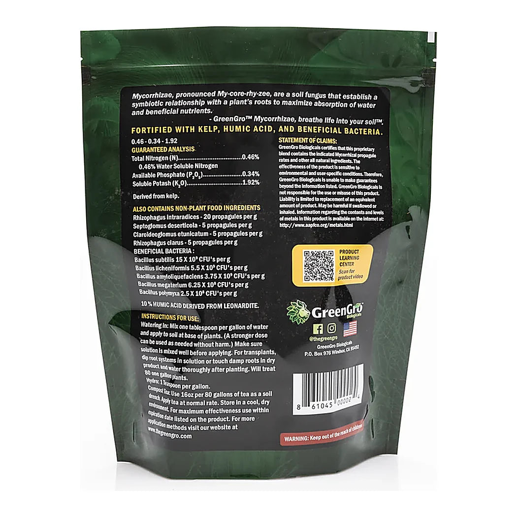 GreenGro Premium Ultrafine Mycorrhizae back label with spore counts and directions