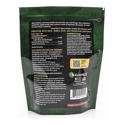 GreenGro Premium Ultrafine Mycorrhizae back label with spore counts and directions
