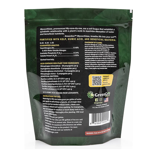 GreenGro Premium Ultrafine Mycorrhizae back label with spore counts and directions