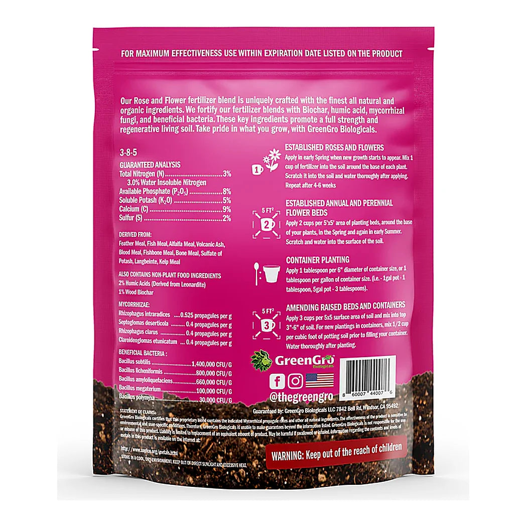 GreenGro Biologicals Rose & Flower Fertilizer - pouch, reverse