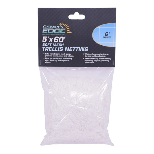Grower's Edge Soft Mesh Trellis Netting 5 ft x 60 ft w/ 6 in Squares - 5 ft x 60 ft soft mesh netting in packaging