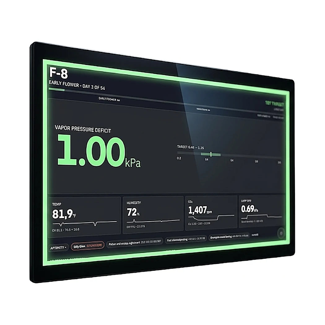 Growlink displayLINK 15.6 inch touchscreen room dashboard showing VPD 1.00 kPa with green LED status ring
