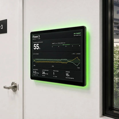 Growlink displayLINK mounted beside a flower room door showing live room data