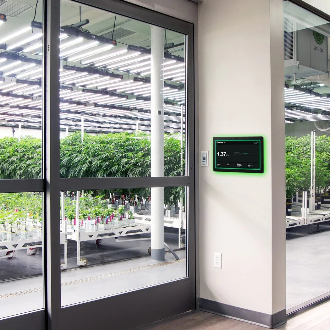 Growlink displayLINK wall mounted in the hallway outside a glass-walled mother room