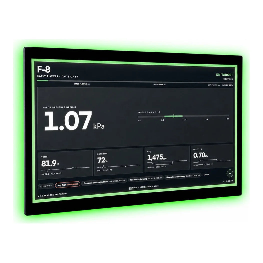 Growlink displayLINK 15.6 inch room dashboard showing VPD 1.07 kPa with green LED status ring