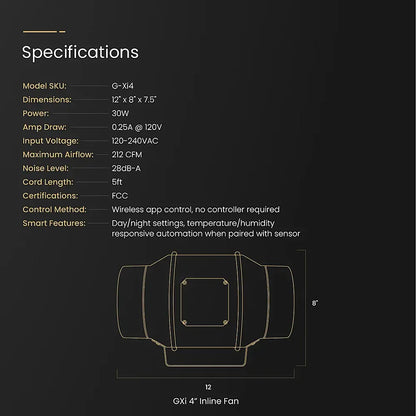 Gorilla GXi 4 specifications: 212 CFM, 30W, 28dB-A, 120-240VAC, 12 x 8 x 7.5 in