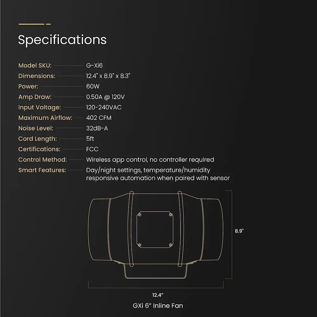 Gorilla GXi 6 specifications: 402 CFM, 60W, 32dB-A, 120-240VAC, 12.4 x 8.9 x 8.3 in