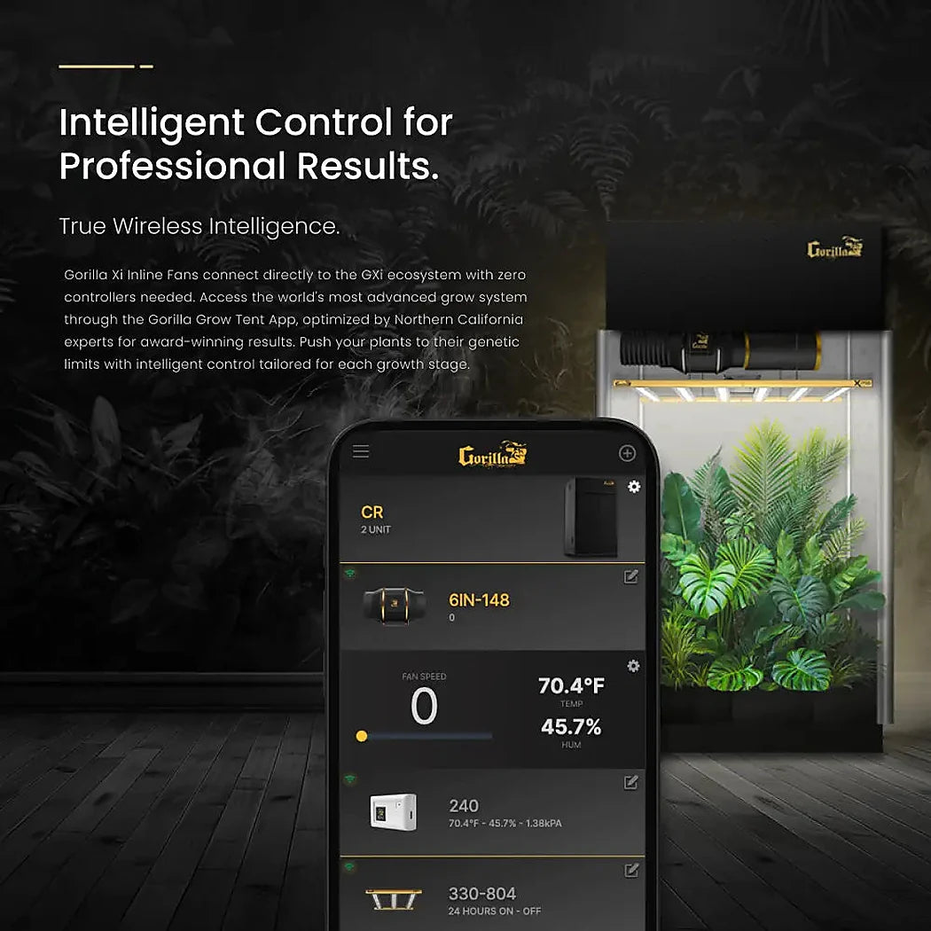 Gorilla GXi wireless app control screen showing 70.4F and 45.7% RH for an inline fan