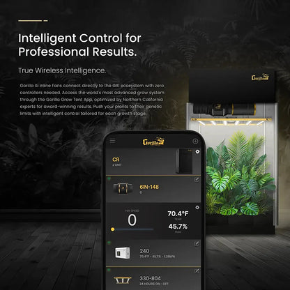 Gorilla GXi wireless app control screen showing 70.4F and 45.7% RH for an inline fan