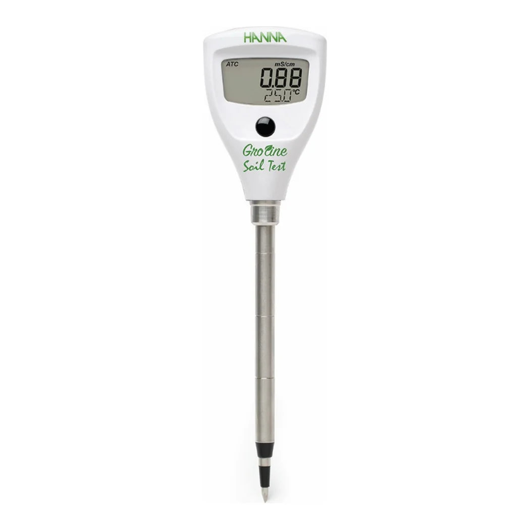 Hanna GroLine direct soil EC tester showing the digital conductivity and temperature display