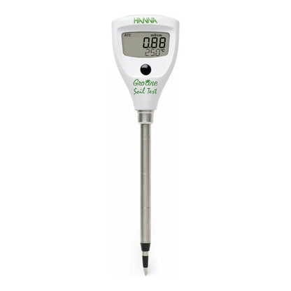 Hanna GroLine direct soil EC tester showing the digital conductivity and temperature display