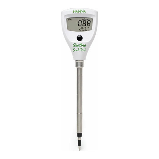 Hanna GroLine direct soil EC tester showing the digital conductivity and temperature display