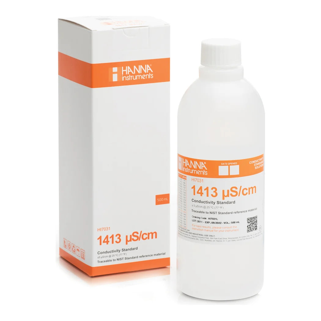 Hanna HI7031L 1413 uS/cm conductivity standard solution, 500 mL bottle with carton