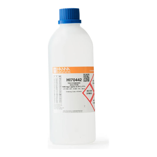 Hanna HI70442L TDS standard solution 1500 mg/L ppm at 25 C, 500 mL bottle