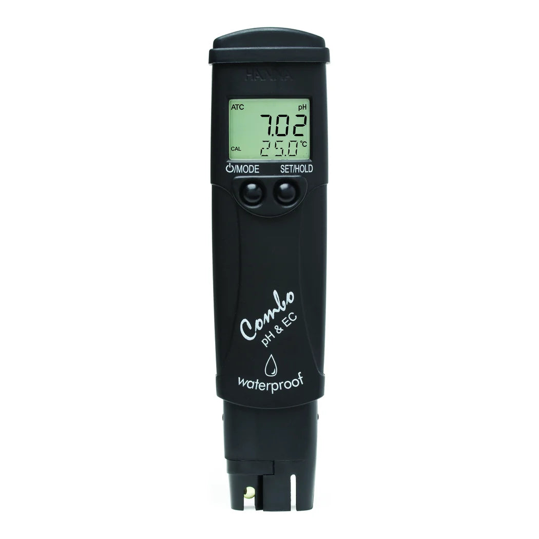 Hanna HI98129 Combo waterproof pH and EC tester pen showing pH 7.02 and 25.0 C