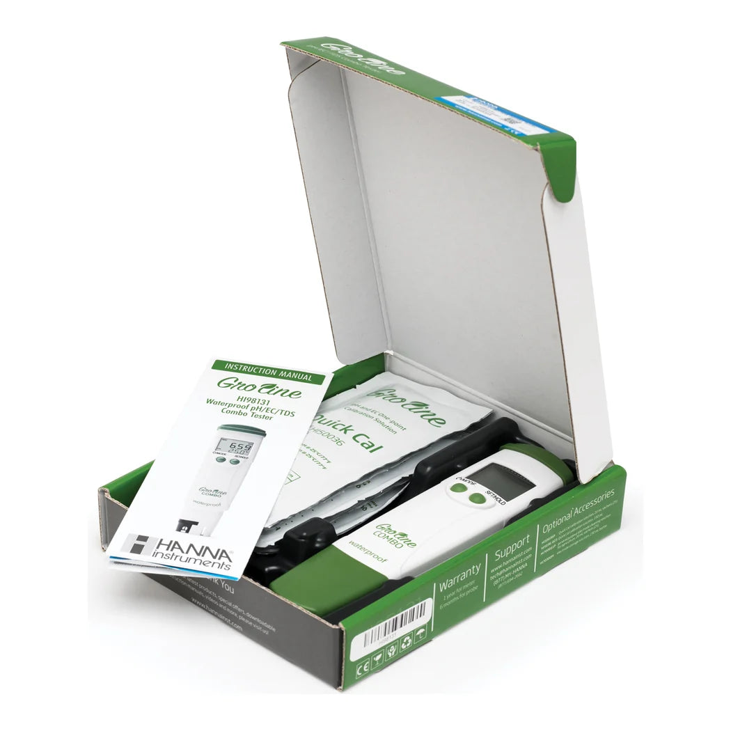 Hanna HI98131 GroLine tester in its retail box with cartridge and calibration sachets