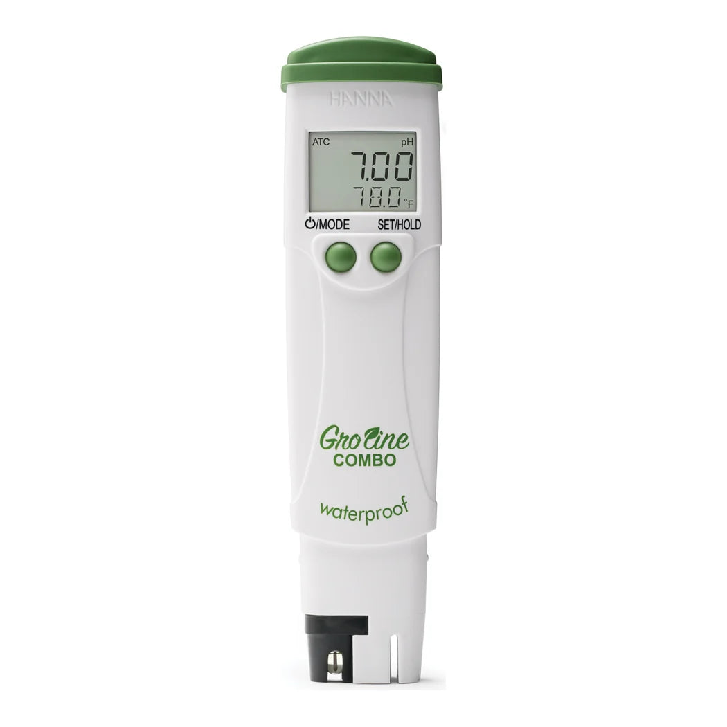 Hanna HI98131 tester front view showing pH 7.00 and temperature on the dual-level display