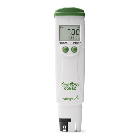 Hanna HI98131 tester front view showing pH 7.00 and temperature on the dual-level display