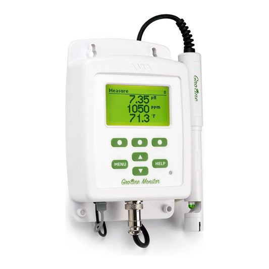 Hanna GroLine HI981420 nutrient monitor with HI1285-8 probe, LCD reading 7.35 pH, 1050 ppm and 71.3 F