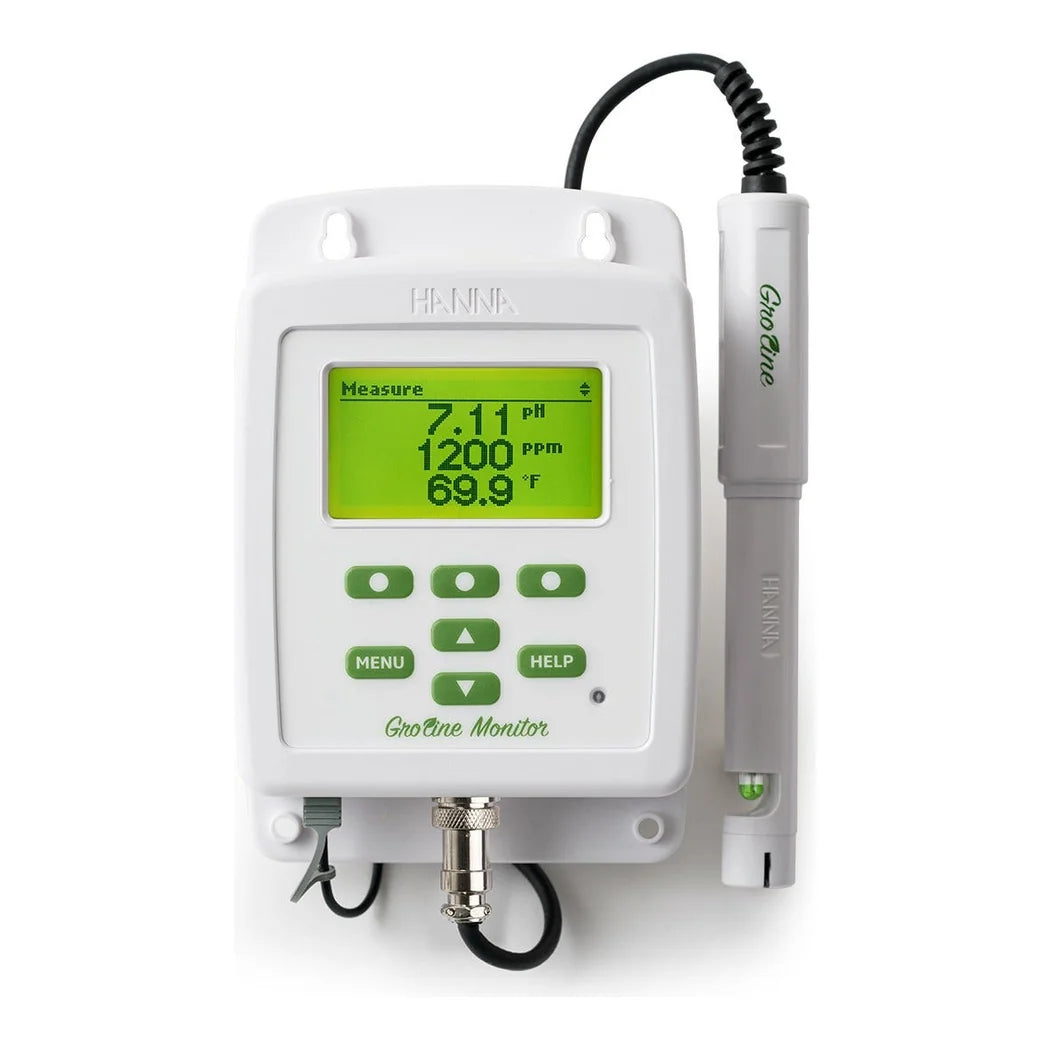 Hanna GroLine HI981420 monitor and HI1285-8 probe, display reading 7.11 pH, 1200 ppm and 69.9 F