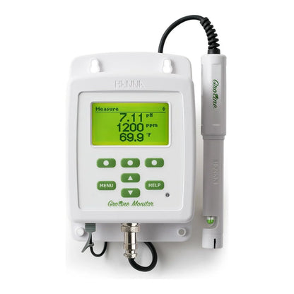 Hanna GroLine HI981420 monitor and HI1285-8 probe, display reading 7.11 pH, 1200 ppm and 69.9 F