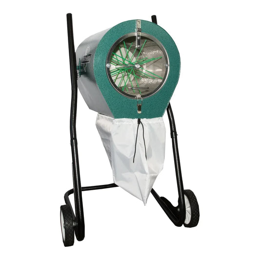 High-Tech 2 lb shred sifter on its wheeled stand with collection bag