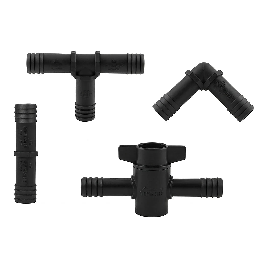 Hydro Flow barbed connector family: straight, elbow, tee and shut-off valve