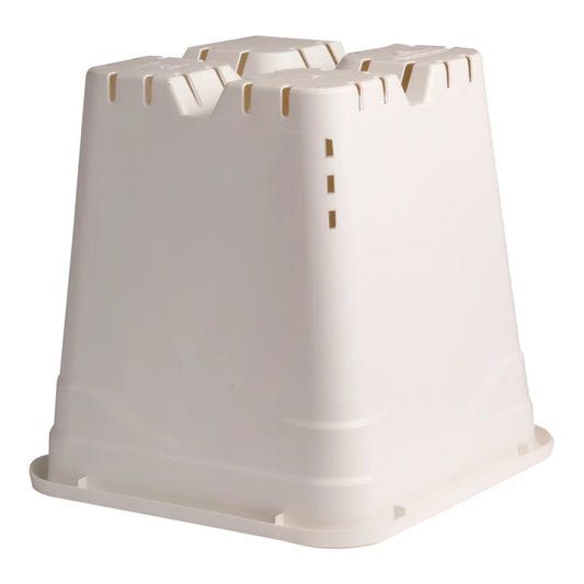Underside of the square white pot showing the raised feet and drainage slots
