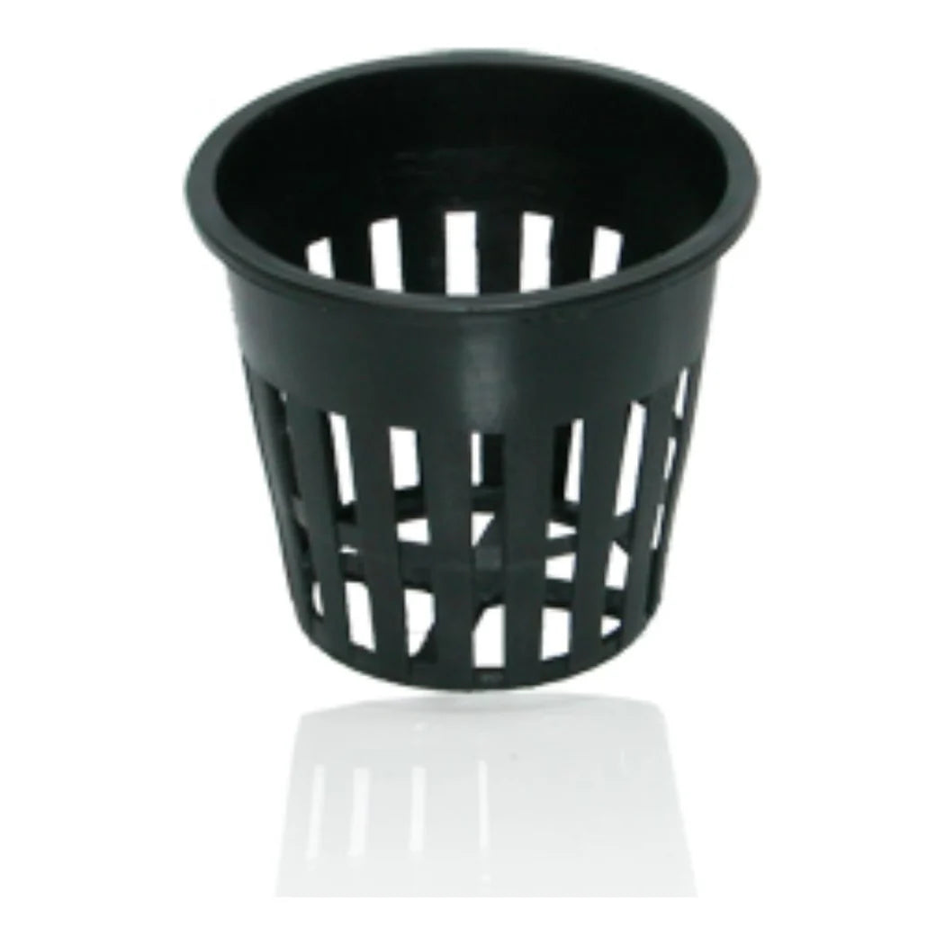 Hydrofarm 2 inch black plastic net cup with slotted mesh sides, sold in bags of 200